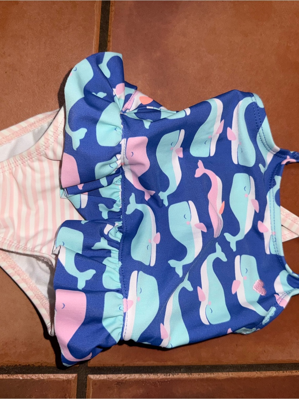 Carter's Girls Blue Whale Print Ruffle Swimsuit with Pink‎ Accents
